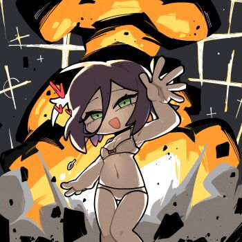 1girl :d arm_up black_choker bra breasts chainsaw_man choker commentary_request debris explosion green_eyes hair_between_eyes heart korean_commentary navel open_mouth panties purple_hair reze_(chainsaw_man) small_breasts smile smoke solo teeny_(nonzone) underwear white_bra white_panties