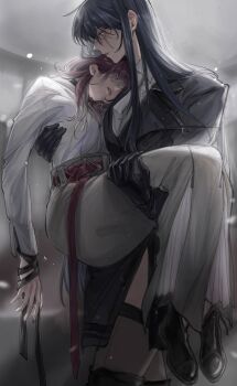 2girls black_gloves black_hair black_jacket brown_skirt carrying carrying_person deerwhisky gloves grey_hair highres jacket long_hair long_skirt multiple_girls path_to_nowhere rahu_(path_to_nowhere) red_hair scar scar_across_eye scar_on_face shalom_(path_to_nowhere) shirt sidelocks skirt white_shirt