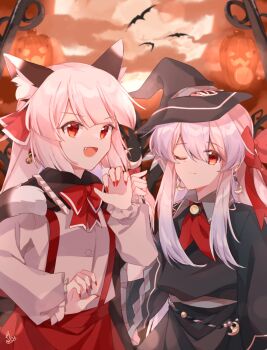 2girls :d alternate_costume animal_ears bell bell_earrings black_cloak black_hat black_shirt black_skirt bow bowtie brooch cloak cloud cloudy_sky commentary_request crescent crescent_earrings earrings fang fingernails frilled_shirt_collar frills fujiwara_no_mokou full_moon grey_hair grey_shirt hair_bow halloween_costume hand_up hat highres huge_moon jack-o&#039;-lantern jewelry kamishirasawa_keine lamppost long_fingernails long_hair long_sleeves moon moon_(ornament) multiple_girls neckerchief one_eye_closed open_mouth pants red_bow red_bowtie red_eyes red_nails red_neckerchief red_pants red_suspenders renge_kanatsuki shirt sidelocks simple_bat skirt sky smile touhou white_hair witch_hat wolf_ears