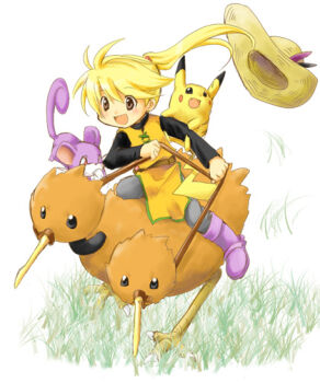 1girl blonde_hair boots brown_eyes china_dress chinese_clothes denim doduo dress gen_1_pokemon grass hat jeans nintendo open_mouth pants pika_(pokemon) pikachu pokemon pokemon_(creature) pokemon_adventures ponytail rattata reins riding riding_pokemon smile unagi_(kobucha_blaster) yellow_(pokemon)