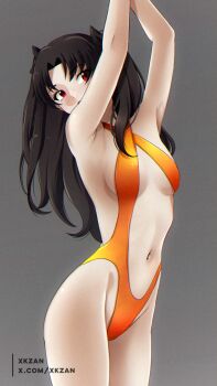 1girl absurdres armpits arms_up black_hair breasts clothing_cutout commentary_request fate/grand_order fate_(series) grey_background highres ishtar_(fate) long_hair navel one-piece_swimsuit orange_one-piece_swimsuit orange_slingshot_swimsuit red_eyes simple_background slingshot_swimsuit small_breasts solo stomach swimsuit two_side_up very_long_hair xkzan