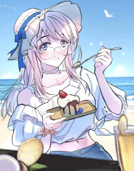 1girl absurdres bang_dream! bang_dream!_it's_mygo!!!!! beach blue_eyes blush bracelet chinese_commentary commentary_request cup detached_sleeves glasses hat hero45439083942 highres jewelry long_hair midriff nagasaki_anna navel ocean original outdoors pink_hair shirt single_off_shoulder solo sun_hat textless_version tied_shirt white_hat white_shirt