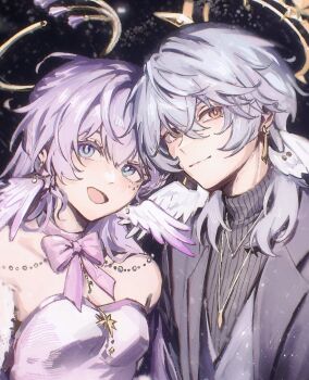 1boy 1girl alternate_costume bare_shoulders blue_hair bow breasts brother_and_sister commentary detached_collar earrings green_eyes hashtag-only_commentary head_wings highres honkai:_star_rail honkai_(series) jacket jewel_under_eye jewelry librilesser long_hair medium_hair necklace open_clothes open_jacket piercing robin_(honkai:_star_rail) siblings simple_background smile sunday_(honkai:_star_rail) symbol-only_commentary turtleneck wings yellow_eyes