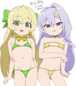 2girls bikini blonde_hair bow bowtie choker commentary_request earrings flat_chest gluteal_fold green_eyes hair_between_eyes hair_bow jewelry loli long_hair micro_bikini multiple_girls navel purple_eyes purple_hair silk_von_santana simple_background swimsuit telestia_terra_esfort tensei_kizoku_no_isekai_boukenroku white_background yamai_(yamaichandayo)