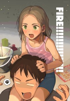 Rule 34 | 1boy, 1girl, blank eyes, blue shorts, blush, brown hair, bucket, camisole, carrying, green eyes, highres, masuda (yousaytwosin), open mouth, original, pink camisole, shorts, shoulder carry, spoken skull, wide-eyed