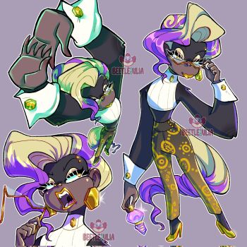 1girl blonde_hair bottle corrupted_twitter_file donkey_kong_(series) donkey_kong_bananza earrings extendable_limbs fangs furry furry_female glasses high_heels highres interlocked_fingers jewelry lipstick makeup multicolored_hair multiple_views nintendo open_mouth perfume_bottle poppy_kong purple_hair semi-rimless_eyewear smile solo streaked_hair stretching two-tone_hair wrist_cuffs yellow_lips