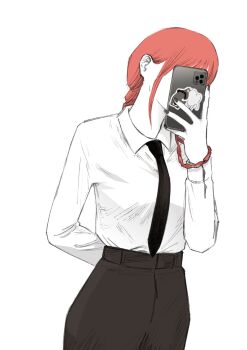 Rule 34 | 1girl, absurdres, arm behind back, black necktie, bracelet, braid, cellphone, chainsaw man, collared shirt, covering face, cowboy shot, fujimoto tatsuki (style), hand up, head tilt, high-waist pants, highres, jewelry, makima (chainsaw man), mirror selfie, nail polish, necktie, pants, phone, pochita (chainsaw man), red hair, selfie, senaka look, shirt, shirt tucked in, sidelocks, single braid, smartphone, solo, sticker, white shirt