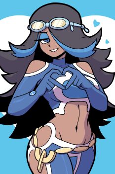 1girl absurdres bare_shoulders bean52623818 black_hair blue_background blue_eyes blue_gloves blue_hair breasts clothing_cutout commentary cowboy_shot crop_top dark-skinned_female dark_skin english_commentary eyewear_on_head four-finger_heart_hands gloved_sleeves gloves goggles goggles_on_head grin groin hair_over_one_eye half-closed_eye heart heart_hands highres long_hair long_sleeves looking_at_viewer medium_breasts midriff multicolored_hair navel nintendo open_mouth pants parted_lips pokemon pokemon_oras shelly_(pokemon) simple_background smile solo standing stomach two-tone_hair very_long_hair