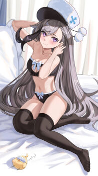 1girl absurdres azur_lane bed black_bra black_panties black_thighhighs blush bra breasts cleavage cleavage_cutout clothing_cutout collarbone commentary_request commission grey_hair hat heart_cutout highres indoors long_hair manjuu_(azur_lane) medium_breasts minsk_(azur_lane) multicolored_hair navel on_bed panties pillow pixiv_commission pom_pom_(clothes) purple_eyes ribbon sitting smile solo strapless strapless_bra streaked_hair thighhighs underwear very_long_hair white_hat white_ribbon yuhui_ranjin