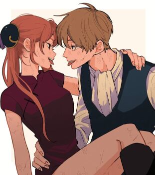 1boy 1girl 8s8spuco battle_damage brown_hair bun_cover china_dress chinese_clothes dress gintama hair_bun kagura_(gintama) looking_at_another okita_sougo orange_hair sitting sitting_on_person tongue