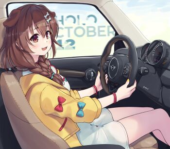 1girl :d absurdres animal_collar animal_ears belt blush bone_hair_ornament braid braided_twintails breasts brown_eyes brown_hair car_interior collar dog_ears double-parted_bangs dress driving extra_ears fangs feet_out_of_frame hair_between_eyes hair_ornament hairclip highres hololive inugami_korone inugami_korone_(1st_costume) jacket long_hair low_twin_braids low_twintails medium_breasts mini_cooper open_clothes open_jacket open_mouth parallel_hairclips red_collar short_dress sitting sleeve_bow smile solo steering_wheel traveler_(artbbt) twin_braids twintails virtual_youtuber white_dress wristband yellow_jacket