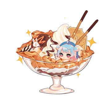 +_+ 1girl :3 ahoge animated animated_gif bare_arms bare_shoulders beret blue_bow blue_hair blue_hat blush_stickers bow bowl check_copyright chibi chinese_commentary chocolate closed_mouth commentary_request copyright_request double_bun dress eyelashes food glass_bowl gradient_hair hair_bun hat hat_bow holding holding_spoon ice_cream ice_cream_cone long_dress long_hair looping_animation mini_person minigirl multicolored_hair one_eye_closed open_mouth original pink_bow pink_eyes pink_hair pocky rabbit sleeveless sleeveless_dress smile solo sparkle sparkling_eyes spoon sundae sundress tong_pole transparent_background very_long_hair waffle_cone whipped_cream white_dress