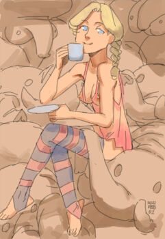 1girl ac120 baraag blonde_hair blue_eyes braid braided_ponytail breasts camisole closed_mouth cup dress elephant female_focus full_body highres holding holding_cup holding_plate linnea_(baraag) looking_at_viewer medium_breasts nipples pink_camisole plate see-through_clothes see-through_dress sitting sleeveless smile solo stirrup_legwear striped_clothes striped_thighhighs thighhighs toeless_legwear toes