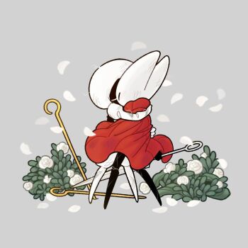 2girls arthropod_girl black_skin cloak closed_eyes colored_skin commentary damaged english_commentary flower full_body grey_background hollow_knight hollow_knight:_silksong horned_mask hornet_(hollow_knight) horns hug lace_(hollow_knight) mask multiple_girls needle_(hollow_knight) pecan_pecker petals pin_(hollow_knight) plant red_cloak standing white_flower white_mask white_petals yuri