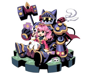 1girl ace_(playing_card) ace_of_spades ahoge animal_ears ankle_boots armor artist_request asgard bare_shoulders black_mouth black_romper bolt_(hardware) boots card character_request cropped_jacket cross-laced_jacket fake_horns fewer_digits four_of_hearts full_armor gears gem glowing glowing_eyes green_eyes helm helmet high_contrast highres holding holding_card horned_helmet horns legs_together living_armor long_hair looking_at_another mallet nexon off-shoulder_jacket off_shoulder official_art open_mouth pigeon-toed playing_card red_gemstone romper second-party_source simple_background sleeve_cuffs sleeveless sleeveless_romper spade_(shape) steam strapless_jacket teeth thighhighs tongue turtleneck turtleneck_romper twintails upper_teeth_only upturned_eyes white_background white_thighhighs yellow_eyes
