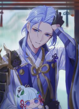 0jae 1boy 1girl absurdres agemaki_knot arm_guards arm_up armor asymmetrical_hair ayaka_(genshin_impact) black_armor black_gloves black_vest blue_eyes blue_hair blunt_bangs blunt_tresses blurry brother_and_sister chibi depth_of_field genshin_impact gloves gold_trim hair_ornament hair_ribbon half_gloves hand_in_own_hair highres holding holding_chibi jacket japanese_armor kamisato_ayato leaf leaf_on_head long_hair long_sleeves looking_at_viewer male_focus medium_hair mole mole_under_eye mole_under_mouth open_clothes open_jacket parted_lips pink_ribbon ponytail popped_collar purple_shirt ribbon ribbon-trimmed_sleeves ribbon_trim shirt shoulder_armor siblings single_sode sode solo_focus tassel tress_ribbon upper_body vest wet wet_clothes wet_hair white_jacket wide_sleeves