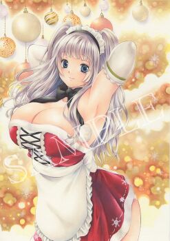 1girl apron aqua_eyes armpits arms_behind_head arms_up black_bow bow breasts christmas_ornaments closed_mouth commentary_request cowboy_shot dress grey_hair highres huge_breasts light_smile looking_at_viewer maid_headdress marker_(medium) microdress orange_background original panties panty_peek presenting_armpit red_dress sample_watermark snowflake_print solo standing traditional_media two_side_up underwear waist_apron watermark white_apron white_panties wispy_bangs xx_kosuzu_xx