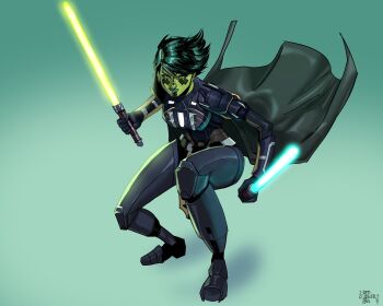 1girl alien armor black_hair blue_lightsaber colored_skin commentary dual_wielding energy_sword english_commentary gradient_background green_background green_eyes green_lightsaber green_skin highres holding lightsaber looking_at_viewer mirialan redrollerball12 short_hair signature solo star_wars sword weapon