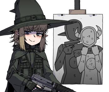 1girl blonde_hair blue_eyes blush bullet_hole cape commentary elf english_commentary fingerless_gloves gloves green_cape green_gloves green_hat gun hat hat_belt holding holding_weapon karepack looking_at_viewer original pointy_ears rifle silhouette_target simple_background smile solo tactical_clothes target_practice trigger_discipline weapon white_background witch_hat