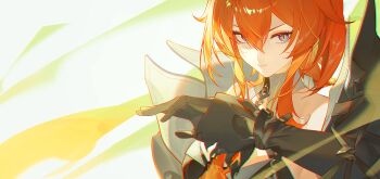 1girl arknights bare_shoulders black_coat black_gloves closed_mouth coat commentary_request demon_girl gloves hair_between_eyes laevatein_(arknights) long_hair long_sidelocks munosuke off_shoulder open_clothes open_coat orange_hair purple_eyes sidelocks slit_pupils solo surtr_(arknights)