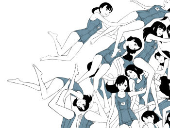 6+girls bare_arms bare_legs barefoot grin long_hair looking_at_viewer medium_hair monochrome multiple_girls one-piece_swimsuit original school_swimsuit simple_background smile swimsuit twintails white_background yoshitomi_akihito