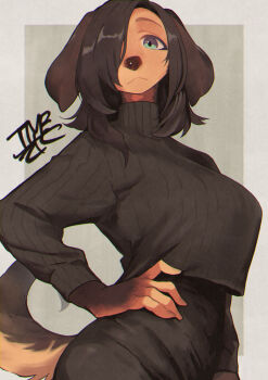 1girl absurdres animal_ears animal_nose black_fur black_hair black_skirt black_sweater body_fur brown_fur closed_mouth commentary_request cowboy_shot dog_ears dog_girl dog_tail droopy_ears furry furry_female hand_on_own_hip highres looking_at_viewer medium_hair one_eye_covered original signature simple_background skirt solo sweater tail tomochiso turtleneck turtleneck_sweater two-tone_background