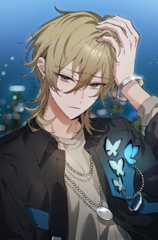 1boy absurdres arm_up blurry blurry_background bracelet brown_eyes brown_hair bug butterfly closed_mouth collared_shirt crew_neck earrings eichi_turnr ensemble_stars! hair_between_eyes hakaze_kaoru hand_on_own_head highres insect jewelry layered_clothes long_sleeves looking_at_viewer male_focus medium_hair necklace shirt solo upper_body wolf_cut