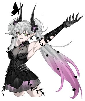 1girl absurdres armpits black_dress breasts bug butterfly commentary_request demon_horns dress earrings fate/grand_order fate_(series) gradient_hair green_eyes highres horns insect jewelry large_breasts lilith_(celebratory_attire)_(fate) lilith_(fate) multicolored_hair pink_hair pointy_ears single_earring smile solo twintails white_hair yazu_(zoddiacz)