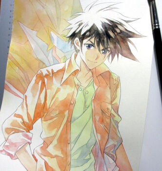 Rule 34 | 2boys, agahari, armor, art brush, art tools in frame, assault visor, black hair, blue eyes, closed mouth, commentary request, daidouji en, dual persona, fire en, hand in pocket, helmet, jacket, looking at viewer, male focus, multiple boys, open clothes, open jacket, paintbrush, painting (medium), photo (medium), projected inset, red jacket, shirt, short hair, sleeves rolled up, smile, traditional media, upper body, yellow armor, yellow shirt, yuusha series, yuusha shirei dagwon