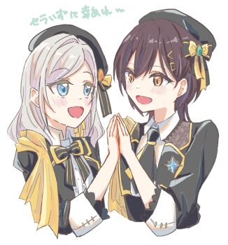 2girls black_bow black_hair black_hat black_jacket black_necktie blue_eyes blush bow ceras_yanagida_lilienfeld collared_shirt commentary_request cropped_torso grey_hair hair_bow hair_ornament hair_ribbon hat highres jacket katsuragi_izumi layered_necktie link!_like!_love_live! long_hair love_live! multiple_girls necktie official_alternate_costume open_clothes open_jacket orange_eyes palms_together ribbon shirt simple_background theater_ikizama three-quarter_sleeves tikuwa_l triangle_hair_ornament virtual_youtuber white_background white_shirt yellow_bow yellow_necktie yellow_ribbon
