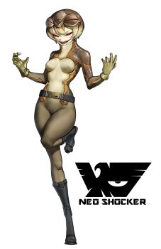 1girl belt belt_buckle black_belt black_boots blonde_hair bodysuit boots brown_bodysuit brown_hair buckle commentary eidenjyou1997 emblem english_commentary evil_smile full_body genderswap genderswap_(mtf) gloves gradient_hair green_gloves highres impossible_bodysuit impossible_clothes kamen_rider knee_boots looking_at_viewer monster_girl multicolored_hair neo_kamen_rider open_mouth red_eyes sanshoujin sharp_teeth shocker_(kamen_rider) short_hair simple_background smile solo standing standing_on_one_leg teeth webbed_hands white_background