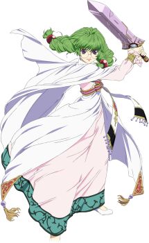 Rule 34 | 1girl, braid, cape, closed mouth, dress, game cg, glasses, green hair, hair ornament, highres, holding, holding sword, holding weapon, jewelry, lips, long hair, long sleeves, looking at viewer, official art, parted lips, philia felice, purple eyes, round eyewear, slippers, solo, sphere hair ornament, split ponytail, standing, sword, tales of (series), tales of asteria, tales of destiny, tassel, transparent background, twin braids, twintails, weapon, white slippers
