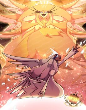 2girls absurdly_long_hair angel angel_wings beak bird_girl blonde_hair channy814 commentary dress english_commentary furry furry_female glowing glowing_eyes halo hazbin_hotel hellaverse highres long_hair multiple_girls sera_(hazbin_hotel) speaker_of_god_(hazbin_hotel) very_long_hair white_dress white_hair wings