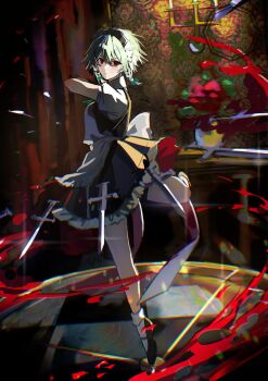 Rule 34 | 1girl, absurdres, apron, black shoes, blood, braid, closed mouth, dress, frills, from side, full body, hair between eyes, highres, indoors, izayoi sakuya, leg up, looking at viewer, looking to the side, maid, maid apron, maid headdress, medium hair, multiple knives, pechika 01, red eyes, shirt, shoes, short sleeves, side braids, socks, solo, standing, standing on one leg, touhou, twin braids, watermark, white hair, white shirt, white socks