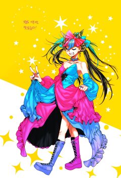 1girl asymmetrical_footwear bare_shoulders black_hair black_nails blue_hair blue_streaks boots bow breasts closed_eyes collarbone commentary_request danganronpa_(series) danganronpa_10th_anniversary_costume danganronpa_2:_goodbye_despair detached_sleeves dress eyelashes face_piercing fingernails full_body hair_horns hair_ribbon highres jewelry korean_commentary korean_text long_hair mioda_ibuki mismatched_footwear mouth_piercing multicolored_hair multiple_rings nail_polish nk_ndr_bu official_alternate_costume official_alternate_hairstyle piercing pink_bow pink_hair pink_streaks ribbon ring smile solo star_(symbol) streaked_hair translation_request two-tone_dress v white_hair