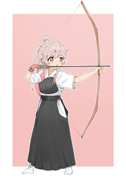 1girl ahoge alternate_costume araimelon archery archery_shooting_glove arrow_(projectile) bare_arms black_hakama bow_(weapon) brown_eyes clothing_cutout commentary commission english_commentary full_body gloves grey_hair hair_between_eyes hakama highres hip_vent japanese_clothes kimono kyuudou legs_apart light_blush long_hair muneate no_shoes onii-chan_wa_oshimai! oyama_mahiro partially_fingerless_gloves pink_background pink_gloves pink_hair pixiv_commission ponytail short_sleeves simple_background single_glove solo standing weapon white_kimono