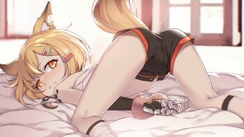 1girl all_fours animal_ears arknights ass bed_sheet black_shorts blonde_hair blush blvefo9 female_focus fox_ears fox_girl fox_tail from_behind gauntlets hair_ornament indoors loli looking_at_viewer looking_back material_growth oripathy_lesion_(arknights) short_hair shorts solo tail tears top-down_bottom-up upshorts vermeil_(arknights) window yellow_eyes