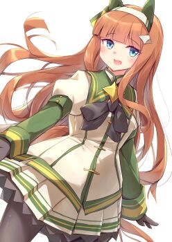 Rule 34 | 1girl, absurdres, animal ears, black bow, black gloves, black pantyhose, blunt bangs, blush, bow, breasts, brooch, commentary request, ear covers, gloves, green eyes, green sailor collar, green sleeves, hairband, highres, hime cut, horse ears, horse girl, horse tail, jewelry, kanzakietc, long hair, long sleeves, looking at viewer, open mouth, orange hair, orange tail, pantyhose, pleated skirt, sailor collar, shirt, silence suzuka (innocent silence) (umamusume), silence suzuka (umamusume), simple background, skirt, small breasts, smile, solo, star brooch, tail, umamusume, white background, white hairband, white shirt, white skirt