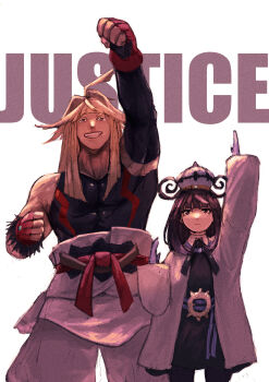 1boy 1girl absurdres arm_up belt belt_buckle black_dress black_eyes black_hair black_shirt blonde_hair blunt_bangs brother_and_sister buckle coat commentary_request dress gwynn_(pokemon) hat highres ivor_(pokemon) long_hair looking_at_viewer maaka_4441 nintendo o-ring o-ring_belt open_clothes open_coat pants pantyhose pokemon pokemon_legends:_z-a shirt short_hair siblings smile teeth white_background white_coat white_pants