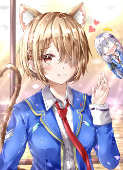 Rule 34 | 2girls, :q, ^^^, absurdres, animal ear fluff, animal ears, ayaro (genkiloobaii), blonde hair, blue jacket, blush, cat ears, cat girl, cat tail, closed mouth, collared shirt, commentary, day, extra ears, eyelashes, furrowed brow, glasses, hair ornament, hair over one eye, hairclip, hand up, heart, heaven burns red, highres, izumi yuki (heaven burns red), jacket, kayamori ruka, kemonomimi mode, long sleeves, looking at viewer, multiple girls, necktie, ocean, one eye covered, open mouth, outdoors, parallel hairclips, peeking out, red eyes, red necktie, round eyewear, shirt, short hair, smile, solo focus, split mouth, sweatdrop, tail, tail raised, tongue, tongue out, upper body, v-shaped eyebrows, waving, wavy mouth, white shirt