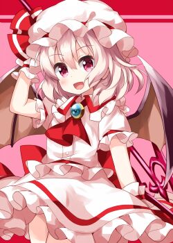 1girl :d arm_up ascot bat_wings blush brooch commentary_request cowboy_shot dress flat_chest frilled_shirt_collar frills from_below hair_between_eyes hat hat_ribbon highres holding holding_polearm holding_weapon jewelry looking_at_viewer mob_cap one-hour_drawing_challenge open_mouth petticoat pink_background pink_eyes polearm puffy_short_sleeves puffy_sleeves red_ascot red_ribbon remilia_scarlet ribbon ruu_(tksymkw) short_sleeves smile solo spear spear_the_gungnir standing touhou weapon white_dress white_hair white_hat wings wrist_cuffs