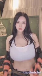 1girl animated breasts cleavage clothes_lift cosplay cosplay_photo female_focus final_fantasy final_fantasy_vii fingerless_gloves gloves highres large_breasts long_hair looking_at_viewer navel nipples okita_anri photo_(medium) real_life shirt_lift solo sound suspenders tagme tifa_lockhart tifa_lockhart_(cosplay) video