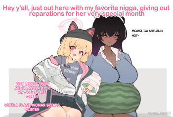 Rule 34 | 2girls, a black woman is speaking (meme), absurdres, animal ear headwear, black hair, black history month, blonde hair, blue archive, blue cardigan, blush, breast rest, breasts, cardigan, clothes writing, collared shirt, commentary, dark-skinned female, dark skin, dress shirt, english commentary, english text, fake animal ears, food, fruit, glint, gradient hair, grey background, grey shirt, halo, highres, holding, holding shoes, holding unworn clothes, karin (blue archive), karin (school uniform) (blue archive), long sleeves, looking at viewer, meme, miniskirt, momoi (blue archive), multicolored hair, multiple girls, nose blush, official alternate costume, open clothes, purple hair, racist momoi (meme), shirt, shoes, sitting, skirt, sneakers, thighs, tuna fan68, twitter username, unworn shoes, v-shaped eyebrows, watermelon, white background, white shirt, yellow eyes
