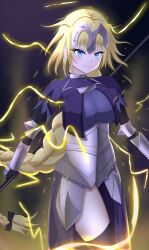 Rule 34 | 1girl, absurdres, armor, armored dress, blonde hair, blue eyes, blush, braid, breasts, chain, fate/apocrypha, fate/grand order, fate (series), faulds, flag, gauntlets, headpiece, highres, holding, holding weapon, jeanne d&#039;arc (fate), large breasts, light particles, long braid, long hair, long skirt, looking at viewer, magic, night, plackart, polearm, short hair, simple background, single braid, skirt, smile, solo, spear, standard bearer, very long hair, weapon, yissou art