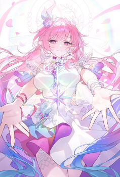 1girl absurdres bare_shoulders breasts closed_mouth commentary cowboy_shot crystal cyrene_(honkai:_star_rail) cyrene_(ripples_of_past_reverie)_(honkai:_star_rail) diamond-shaped_pupils diamond_(shape) dress duplicate earrings flower hair_flower hair_intakes hair_ornament highres honkai:_star_rail honkai_(series) jewelry large_breasts looking_at_viewer miho_(mymiho) outstretched_arms pink_hair pointy_ears purple_eyes purple_flower purple_rose rose sidelocks single_earring smile solo symbol-shaped_pupils white_dress