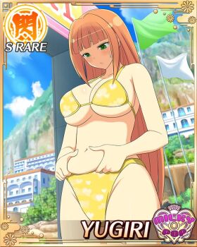 1girl :o belly_grab bikini blush border breasts building card_(medium) cityscape cleavage day english_text flag game_cg green_eyes groin heart heart_print hime_cut large_breasts looking_at_viewer muffin_top navel non-web_source official_alternate_costume official_art orange_hair outdoors plump senran_kagura senran_kagura_new_wave solo sweatdrop swimsuit weight_conscious weight_gain yellow_bikini yugiri_(senran_kagura)
