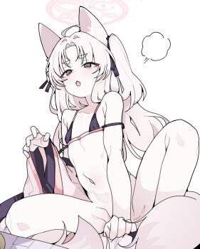 1girl absurdres animal_ears bikini blue_archive bottomless flat_chest fox_ears fox_girl fox_tail halo highres kuzunoha_(blue_archive) loli long_hair monochrome navel open_mouth pearlgang_e simple_background solo swimsuit tail