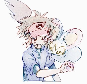 1boy blue_jacket bright_pupils brown_eyes commentary emolga gen_5_pokemon grin half-closed_eye hand_up highres holding holding_poke_ball jacket male_focus nate_(pokemon) nintendo poke_ball poke_ball_(basic) pokemon pokemon_(creature) pokemon_bw2 short_hair simple_background smile symbol-only_commentary tan_carbonnn teeth visor_cap white_background white_pupils