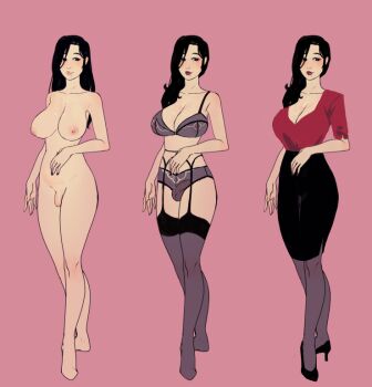 1girl black_eyes black_hair black_skirt bra breasts cleavage closed_mouth commentary english_commentary flaccid full_body futanari garter_belt high_heels large_breasts lipstick makeup mole mole_under_mouth multiple_views nipples original panties pencil_skirt penis philiatrix pink_background red_shirt see-through_bra see-through_clothes see-through_panties shirt simple_background skirt standing thighhighs uncensored underwear