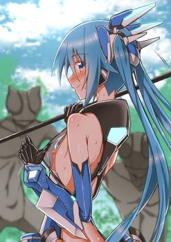 1girl bare_shoulders blue_eyes blue_hair blush bracer breasts elbow_gloves exhibitionism flashing flat_chest from_side gloves glowing headgear highres holding holding_weapon leotard long_hair looking_at_viewer magical_girl monster nipples no_bra oppai_challenge ore_twintail_ni_narimasu public_indecency shiny_skin sidelocks smile solo_focus standing sweat tailblue transformation tsube_aika twintails upper_body vambraces weapon yuto_(dialique)